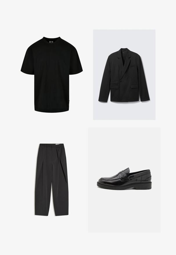 Zwarte pinstripe blazer met gelapte revers, enkele knoopsluiting en twee lagere klepzakken. Heeft lange mouwen en een gestructureerde pasvorm.; Zwart T-shirt van katoen, met een ronde hals en korte mouwen in een losse pasvorm. Eenvoudig ontwerp, zonder patronen of grafische elementen.; Zwarte, op maat gemaakte, high-waist broek met plooien, riemlussen en een rechte pijpen, plat uitgestald op een witte achtergrond.; Zwarte leren instappers met een gladde afwerking, ronde neus, lage hak en decoratieve stiksels aan de voorkant. Rubberen buitenzool voor grip.