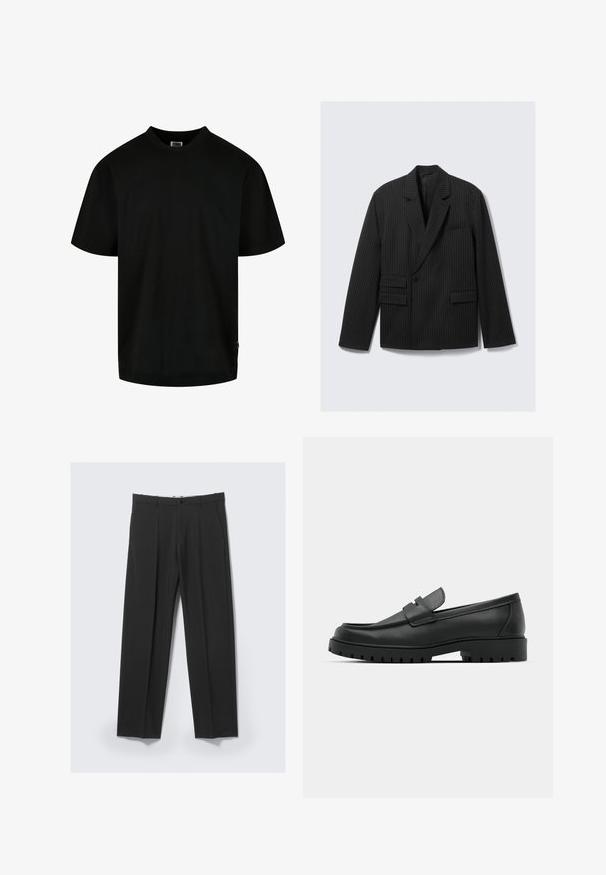 Zwarte pinstripe blazer met gelapte revers, enkele knoopsluiting en twee lagere klepzakken. Heeft lange mouwen en een gestructureerde pasvorm.; Zwart T-shirt van katoen, met een ronde hals en korte mouwen in een losse pasvorm. Eenvoudig ontwerp, zonder patronen of grafische elementen.; Zwarte op maat gemaakte broek met plooien aan de voorkant, zijzakken, riemlussen en knoopsluiting in de tailleband op een lichte achtergrond.; Zwarte leren instappers met een ronde neus, voorzien van een gestikt ontwerp, een lage platformzool en een gestructureerde, grof rubberen buitenzool.