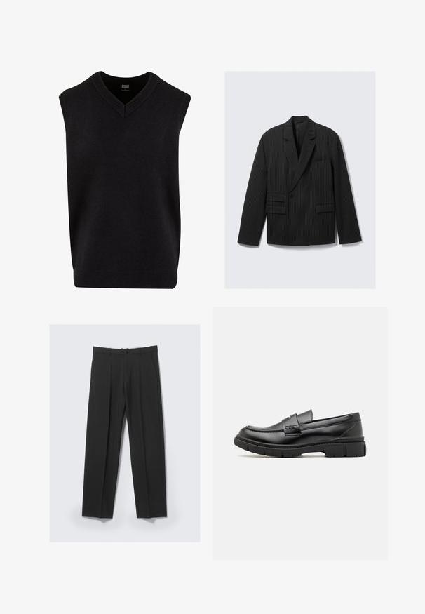 Sort blazer med striber, notched lapels, enkelt knaplukning og to nedre flap-lommer. Har lange ærmer og en struktureret pasform.; Sort ærmeløs sweater med V-hals, lavet af blødt materiale, med ribbet halsudskæring og kant. Enkel, klassisk design.; Sorte skræddersyede bukser med forreste plisseringer, sidelommer, bæltestropper og knaplukning ved linningen på en lys baggrund.; Sort læder loafersko med en bred rem over forfoden, gummisål med tykke mønstre og glat overflade. Klassisk, slankt design.