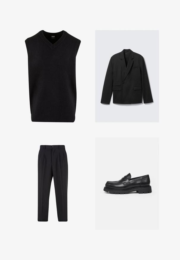 Blazer negro de rayas con solapas muescas, cierre de un solo botón y dos bolsillos inferiores con solapa. Presenta mangas largas y un ajuste estructurado.; Jersey sin mangas negro con escote en V, hecho de un material suave, que cuenta con un escote y dobladillo de canalé. Diseño simple y clásico.; Pantalones negros a medida con pliegues delanteros, trabillas para cinturón y cierre con botón en la cintura.; Mocasín negro de cuero con suela gruesa y acanalada y detalle de tira para moneda, mostrado en perfil lateral derecho sobre fondo blanco.