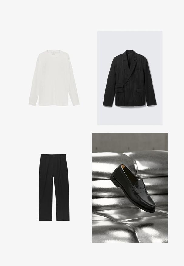 Zwarte pinstripe blazer met gelapte revers, enkele knoopsluiting en twee lagere klepzakken. Heeft lange mouwen en een gestructureerde pasvorm.; Witte longsleeve t-shirt, gemaakt van zachte stof, ronde halslijn, ontspannen pasvorm, minimalistisch ontwerp, geen zichtbare logo's of patronen.; Zwarte broeken met een recht model, gemaakt van een gladde stof. Voorzien van een voorplooien en een enkele knoopsluiting bij de taille.; Zwarte leren loafer zweeft boven een glanzende zilveren leren bank met knopen in een minimalistische setting.