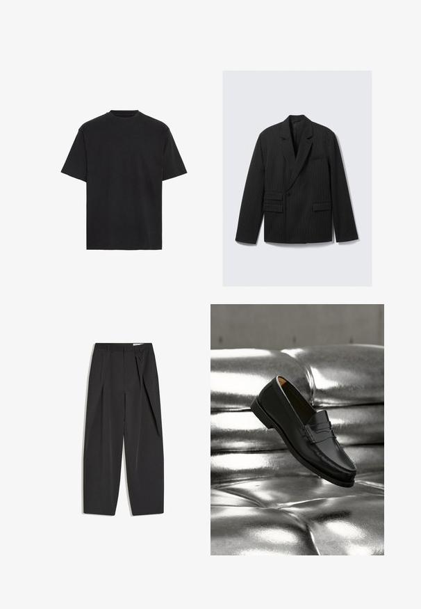 Blazer noir à rayures avec revers crantés, fermeture à un bouton et deux poches à rabat inférieures. Présente des manches longues et une coupe structurée.; T-shirt en coton noir, manches courtes, col rond, léger, coupe ample, texture lisse, sans motifs ni accents visibles.; Pantalon noir taille haute, coupé droit, avec pinces et passants de ceinture, présenté à plat sur un fond blanc.; Mocassin en cuir noir flottant au-dessus d'un canapé en cuir argenté brillant matelassé à boutons dans un décor minimaliste.