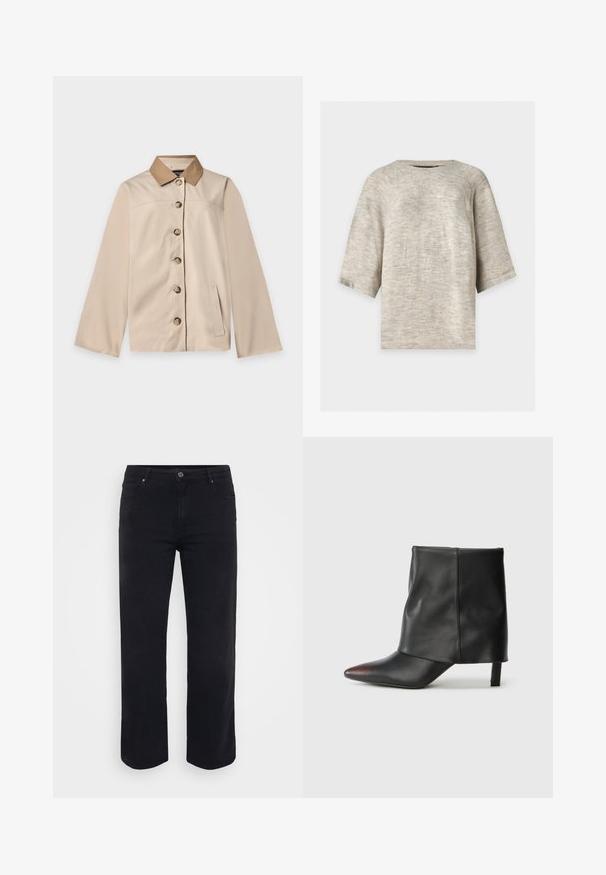 Beige jakke med brun krave, seks knapper foran, lange ærmer og en lodret sidelomme på en ensfarvet lys baggrund.; Lysegrå strikket sweater med trekvartlange ærmer og rund halsudskæring på en ensfarvet baggrund.; Sorte denimjeans med lige ben-design. Funktioner inkluderer en knaplukning i taljen, bæltestropper og front-/baglommer. Glat tekstur.; Sort ankelstøvle lavet af glat læder med spids tå og tilspidset hæl. Overdelen har et let rynket design.