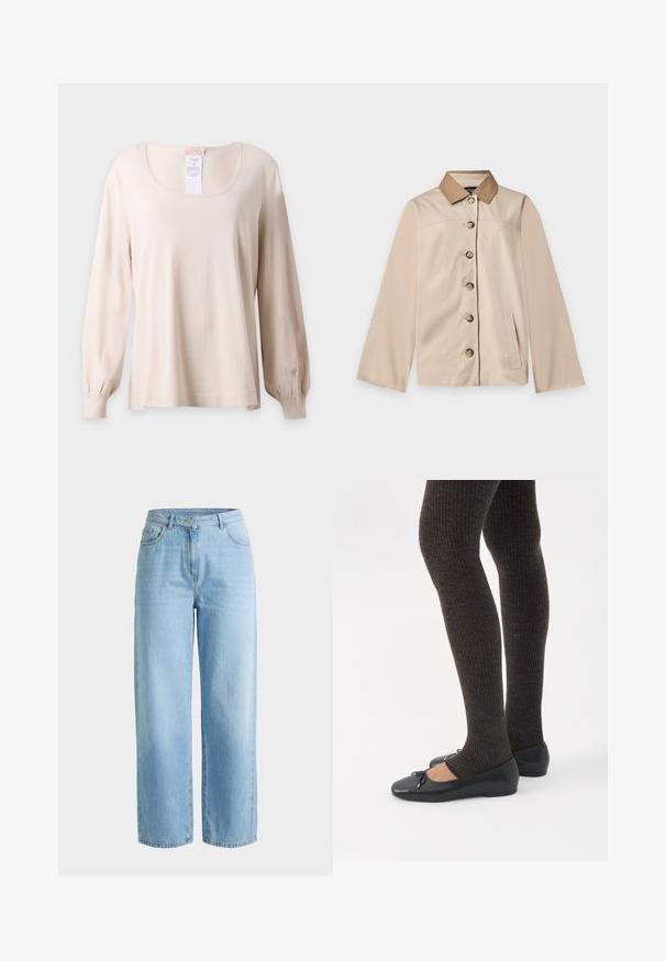 Veste beige avec col marron, six boutons sur le devant, manches longues et une poche latérale verticale sur un fond clair uni.; Pull beige à manches longues avec encolure arrondie et poignets côtelés, présenté sur un fond clair uni.; Jean droit taille haute bleu clair avec bouton frontal, fermeture éclair et style cinq poches sur fond clair uni.; Jambes portant des leggings côtelés foncés associés à des ballerines noires avec de petits détails en nœud sur fond blanc.