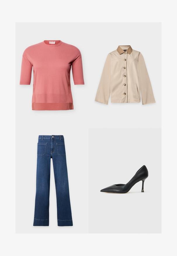 Veste beige avec col marron, six boutons sur le devant, manches longues et une poche latérale verticale sur un fond clair uni.; Haut rose à manches courtes en maille avec un col rond et un ourlet côtelé, présentant un effet superposé avec un panneau de tissu plus long en dessous.; Jean en denim bleu taille haute avec jambes larges, poches plaquées à l'avant, passants de ceinture et fermeture par bouton à la taille.; Escarpin noir en cuir à bout pointu avec un design élégant, featuring un talon mince et un accent doré à la base du talon. Texture lisse.