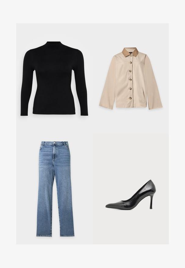 Veste beige avec col marron, six boutons sur le devant, manches longues et une poche latérale verticale sur un fond clair uni.; Haut à col roulé noir à manches longues, fabriqué en tissu doux et lisse. Coupe ajustée avec un col haut et un ourlet droit, présentant des coutures minimales et aucun motif.; Jean bleu taille haute à jambes droites avec poches avant, fermeture par boutons et légère décoloration sur le haut des cuisses.; Chaussure à talon haut pour femme en cuir verni noir avec bout pointu et talon fin sur fond clair uni.