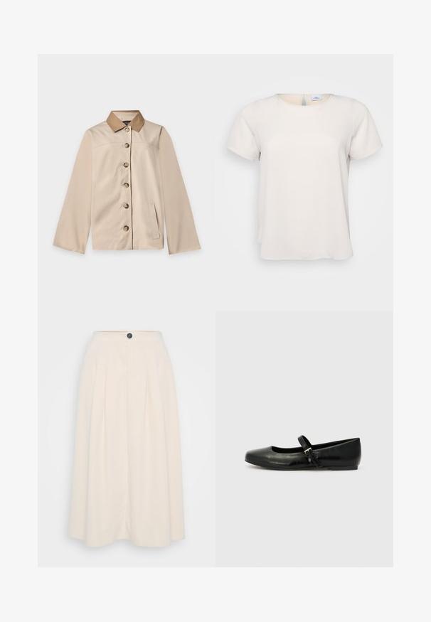 Beige jakke med brun krave, seks knapper foran, lange ærmer og en lodret sidelomme på en ensfarvet lys baggrund.; Kortærmet, rundhalset top i lys beige stof med en glat tekstur; har en nøglehulsdetalje på ryggen og en afslappet pasform.; En cremefarvet midi-nederdel med læg, frontknaplukning og en glat tekstur, designet til en afslappet pasform.; Sorte læder balletflade med rund tå, flad sål og en tynd justerbar rem over svangen med en metalspænde.