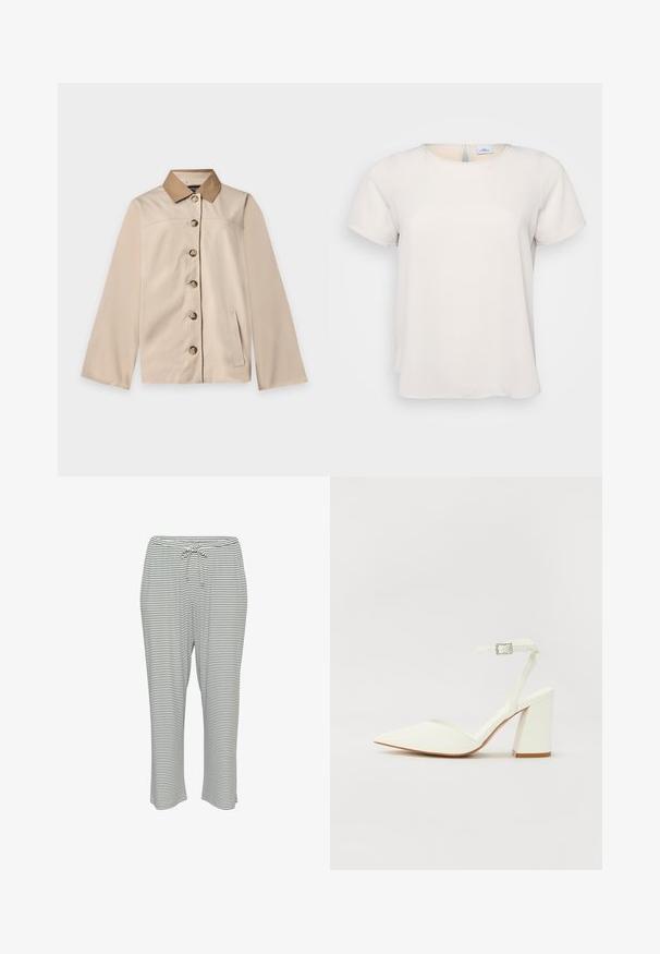 Veste beige avec col marron, six boutons sur le devant, manches longues et une poche latérale verticale sur un fond clair uni.; T-shirt à manches courtes, col rond en tissu beige clair au toucher doux ; présente un détail en forme de trou de serrure au dos et une coupe décontractée.; Pantalons de pyjama rayés avec une taille élastique et un cordon de serrage, fabriqués en tissu doux. Motif de couleur : rayures horizontales blanches et noires.; Sandale blanche à talon avec un bout pointu, sangle de cheville réglable et un talon carré épais. Texture lisse avec des détails de couture minimaux.