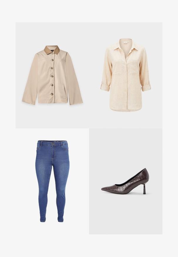 Beige Jacke mit braunem Kragen, sechs vorderen Knöpfen, langen Ärmeln und einer vertikalen Seitentasche auf einem einfarbigen hellen Hintergrund.; Beige langärmliges Hemd mit Kragen, zwei Brusttaschen und hochgekrempelten Ärmeln.; Blaue Skinny-Jeans mit Vorder- taschen, Gürtelschlaufen, Knopfverschluss und leichter Verblassung an Oberschenkeln und Knien.; Braune Pumps mit spitz zulaufender Spitze aus Kunstleder in Krokodiloptik, mit schlankem, eckigem Absatz und glatter Innenfütterung.
