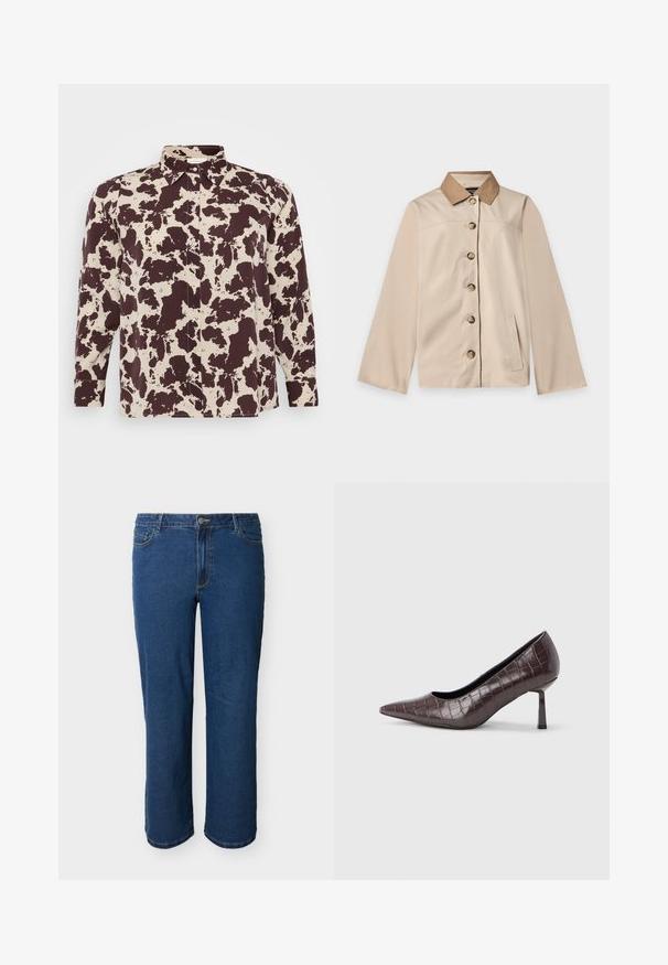 Beige jas met bruine kraag, zes knopen aan de voorkant, lange mouwen en één verticale zijzak op een effen lichte achtergrond.; Bruine en crèmekleurige shirt met patroon, met kraag en lange mouwen, voorzien van knoopsluiting en een gladde stofstructuur.; Blauwe denim jeans met rechte pijpen, voorzijde met knoop en ritssluiting, vijfzakkenmodel en zichtbare stiksels op een lichte achtergrond.; Bruine nepleren pumps met een puntige neus en krokodillenstructuur, voorzien van een slanke, hoekige hak en een gladde binnenvoering.