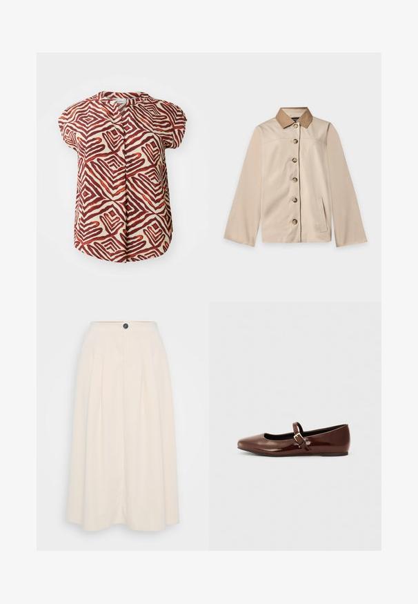 Beige jas met bruine kraag, zes knopen aan de voorkant, lange mouwen en één verticale zijzak op een effen lichte achtergrond.; Korte mouwen blouse in roomkleur, versierd met gedurfde rode en bruine geometrische zigzagpatronen. Heeft een bandkraag en een knoopsluiting aan de voorkant.; Een crèmekleurige midi-jurk met plooien, een knoopsluiting aan de voorkant en een zachte textuur, ontworpen voor een ontspannen pasvorm.; Bruine gepatineerde leren balletschoen met een vierkante neus en een bandje met een kleine gouden gesp. Gladde textuur, lage hak en minimalistisch ontwerp.