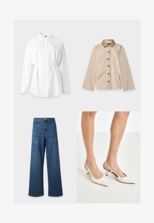 Veste beige avec col marron, six boutons sur le devant, manches longues et une poche latérale verticale sur un fond clair uni.; Chemise blanche à manches longues, boutonnée, avec col et fine ceinture ajustable à la taille, présentée sur un fond uni clair.; Jean denim bleu à jambes larges avec fermeture avant par boutons et fermeture éclair, poches avant et passants de ceinture, présenté à plat sur un fond clair.; Escarpins à talon slingback en cuir verni beige avec un bout pointu et un talon de 5 cm, présentant des côtés découpés et une fine bride à la cheville.