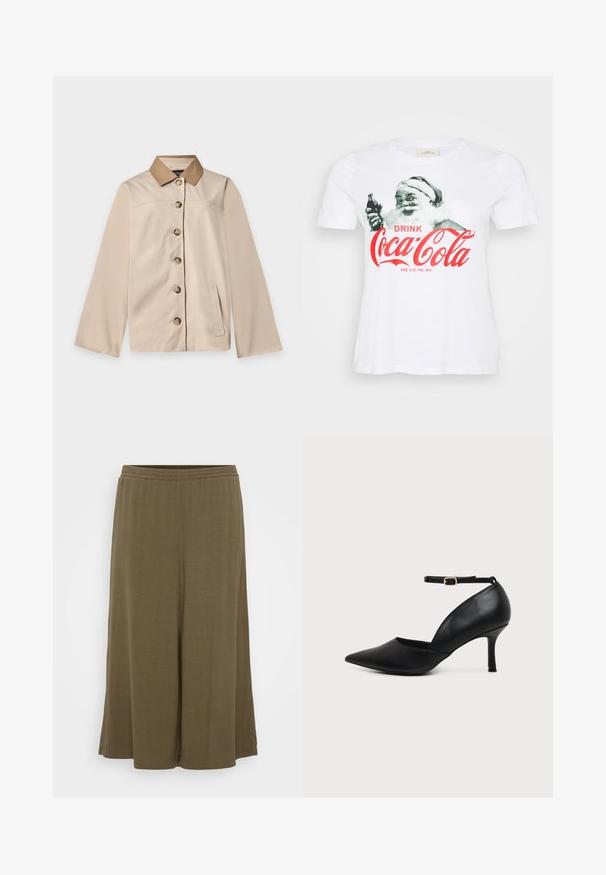 Beige Jacke mit braunem Kragen, sechs vorderen Knöpfen, langen Ärmeln und einer vertikalen Seitentasche auf einem einfarbigen hellen Hintergrund.; Weißes Baumwoll-T-Shirt mit einem Vintage-Weihnachtsmann-Design, der eine Coca-Cola-Flasche hält, und rotem Text, der "DRINK Coca-Cola" sagt.; Olivegrüne weit geschnittene Hose aus leichtem Stoff. Mit einem elastischen Bund und einem lockeren Schnitt, der eine glatte, fließende Textur aufweist.; Schwarzer Leder-Pumps mit spitzer Spitze, Kitten-Heel, Knöchelriemen und goldener Schnalle vor neutralem Hintergrund.