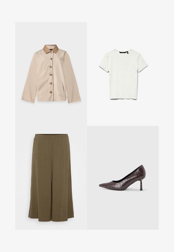 Beige jakke med brun krave, seks knapper foran, lange ærmer og en lodret sidelomme på en ensfarvet lys baggrund.; Enkel hvid ribstrikket bomulds T-shirt med korte ærmer og rund halsudskæring, vist fladt på hvid baggrund.; Olivenfarvede bukser med bred ben, lavet af letvægtsmateriale. Har en elastisk talje og en afslappet pasform, med en glat, flydende tekstur.; Brune kunstlæder stiletter med spidse tæer og krokodilletekstur, der har en slank, vinklet hæl og en glat inderside.