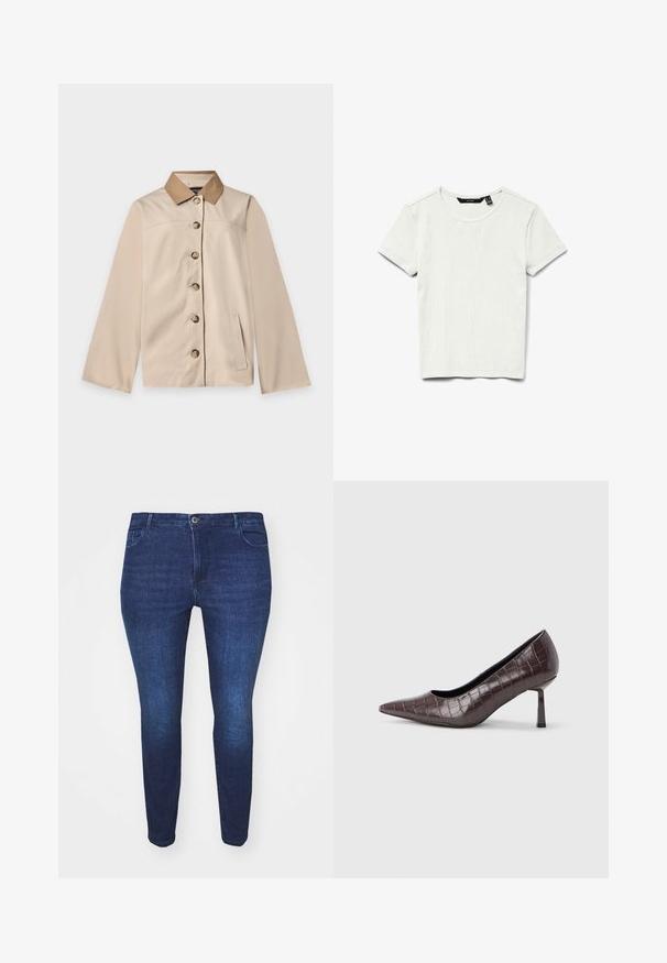 Veste beige avec col marron, six boutons sur le devant, manches longues et une poche latérale verticale sur un fond clair uni.; T-shirt blanc uni à manches courtes en coton côtelé, avec col rond, présenté à plat sur fond blanc.; Jean en denim bleu foncé, slim fit, avec boutons à l'avant et poches, présenté de face sur fond blanc.; Escarpins à bout pointu en similicuir marron avec une texture crocodile, dotés d’un talon fin et angulaire ainsi que d’une doublure intérieure lisse.