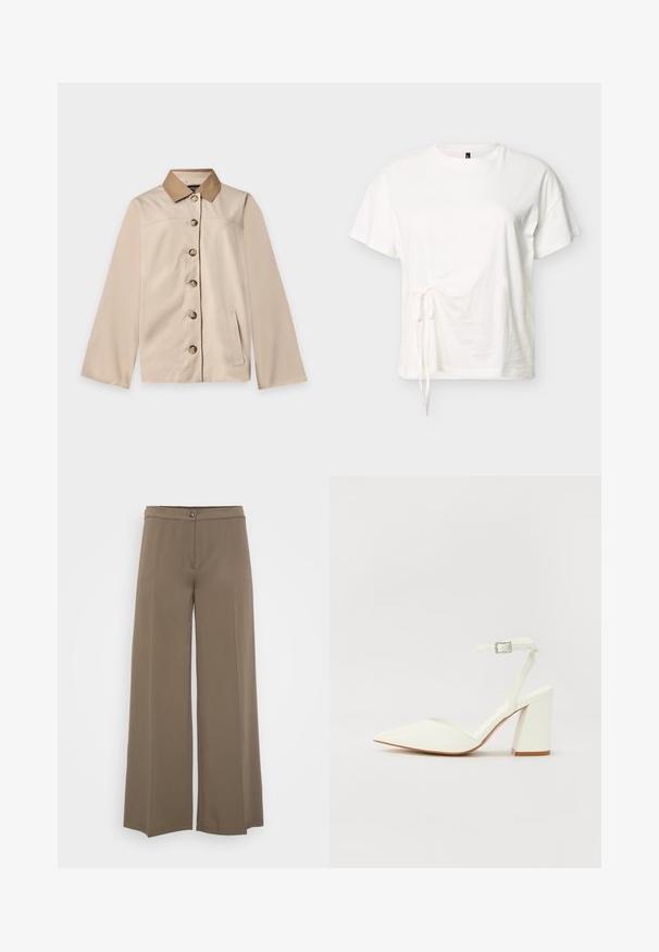 Beige jakke med brun krave, seks knapper foran, lange ærmer og en lodret sidelomme på en ensfarvet lys baggrund.; Hvid kortærmet bomuldst-shirt med rund halsudskæring og justerbar bindedetalje i siden på en ensfarvet baggrund.; Breddebenede bukser i en ensfarvet brun stof, med knaplukning, glat for og blød tekstur, designet til en afslappet pasform.; Hvide hælede sandaler med spids tå, justerbar ankelrem og en kraftig firkantet hæl. Glat tekstur med minimale syninger.