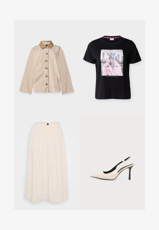 Beige jakke med brun krave, seks knapper foran, lange ærmer og en lodret sidelomme på en ensfarvet lys baggrund.; Sort T-shirt med en zebra iført en pink nitteret frakke og en blå blomst på hovedet, byens skyline i baggrunden.; En cremefarvet midi-nederdel med læg, frontknaplukning og en glat tekstur, designet til en afslappet pasform.; Beige spids tå slingback højhælede sko med sort indvendig foring og slank sort stilethæl på hvid baggrund.