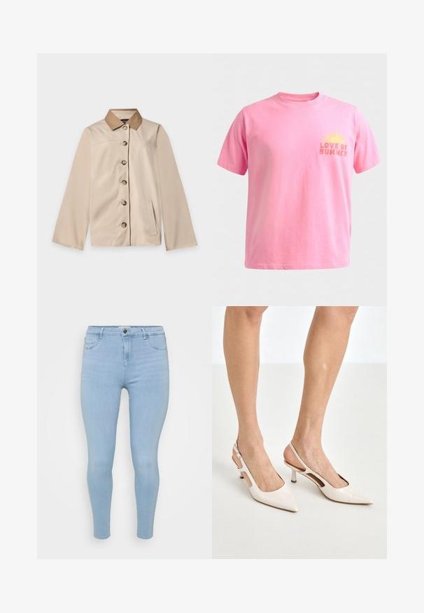 Beige jakke med brun krave, seks knapper foran, lange ærmer og en lodret sidelomme på en ensfarvet lys baggrund.; Lyserød T-shirt med korte ærmer og rund hals, med et gult solmotiv og teksten "LOVE OF SUMMER" på venstre bryst.; Lysblå skinny jeans lavet af denim, med knaplukning, fem lommer og en glat, let falmet tekstur.; Beige patenterede læder slingback hæle med spids tå og 5 cm hæl, med udskårne sider og en tynd ankelrem.