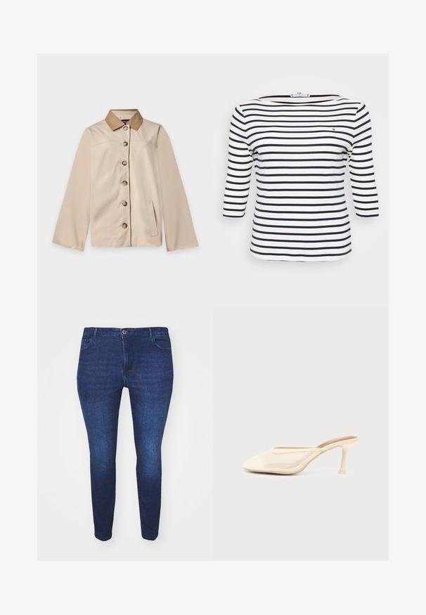 Beige Jacke mit braunem Kragen, sechs vorderen Knöpfen, langen Ärmeln und einer vertikalen Seitentasche auf einem einfarbigen hellen Hintergrund.; Gestreiftes Oberteil mit einem Bootsausschnitt. Hergestellt aus weichem Stoff mit horizontalen Streifen in Marineblau und Weiß. Design mit Dreiviertelärmeln.; Dunkelblaue Slim-Fit-Jeans aus Denim mit einem Frontknopf und Taschen, von der Front gegen einen weißen Hintergrund gezeigt.; Cremefarbiger, hochhakiger Mule-Schuh mit spitz zulaufender Spitze und Netzseiten, präsentiert vor einem schlichten, hellen Hintergrund.