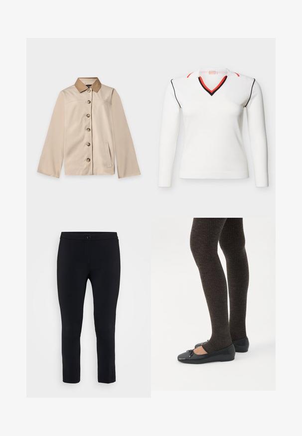 Beige jakke med brun krave, seks knapper foran, lange ærmer og en lodret sidelomme på en ensfarvet lys baggrund.; Hvid langærmet V-hals trøje med sort og rød kant på krave, skuldre og ærmesømme, vist på en ensfarvet baggrund.; Sorte skræddersyede bukser med en tætsiddende design, glat tekstur og knaplukning i taljen. Ankellængde med minimal detaljering.; Ben iført mørke ribbede leggings kombineret med sorte balletsko med små sløjfedetaljer på hvid baggrund.