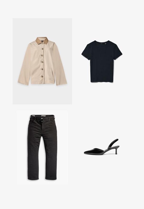 Beige Jacke mit braunem Kragen, sechs vorderen Knöpfen, langen Ärmeln und einer vertikalen Seitentasche auf einem einfarbigen hellen Hintergrund.; Schwarzes kurzärmeliges, geripptes Strick-T-Shirt mit rundem Ausschnitt, flach liegend auf weißem Hintergrund.; Schwarze Denim-Jeans mit geradem Bein, ausgestattet mit einem Knopfverschluss, fünf Taschen und dezentem Stickdetail. Angenehme Textur.; Schwarze Lackleder-Slingback-Pumps mit spitzem Fuß, niedrigem Stiletto-Absatz und einem eleganten, schlichten Design ohne Verzierungen.
