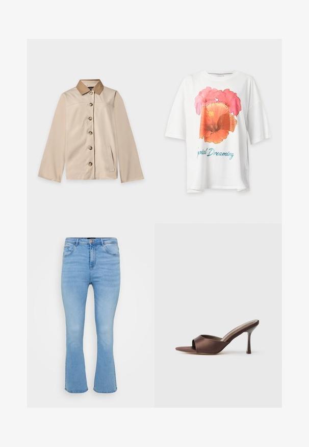 Beige jakke med brun krave, seks knapper foran, lange ærmer og en lodret sidelomme på en ensfarvet lys baggrund.; Hvid T-shirt med korte ærmer med stort pink og orange blomsterprint samt blå tekst "Tropical Dreaming" på fronten.; Lyseblå flagrende jeans i denim af bomuld. Features høj talje, fem lommer og synlige sømme langs sømme og kant.; Brune satin åben tå mule med en mellemhøj slank hæl og slip-on design på en ensfarvet hvid baggrund.