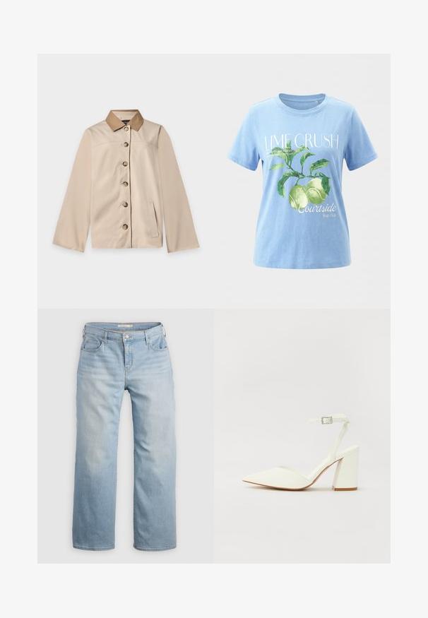 Beige jakke med brun krave, seks knapper foran, lange ærmer og en lodret sidelomme på en ensfarvet lys baggrund.; Lyseblå t-shirt med grønt mønster af limefrugter og blade, teksten "LIME CRUSH" og mindre tekst om limefrugter og courtside fruit club.; Lyseblå vide jeans lavet af denim. Har høj talje, fem lommer og kontrastsyede detaljer. Glat tekstur med en slidseffekt.; Hvide hælede sandaler med spids tå, justerbar ankelrem og en kraftig firkantet hæl. Glat tekstur med minimale syninger.