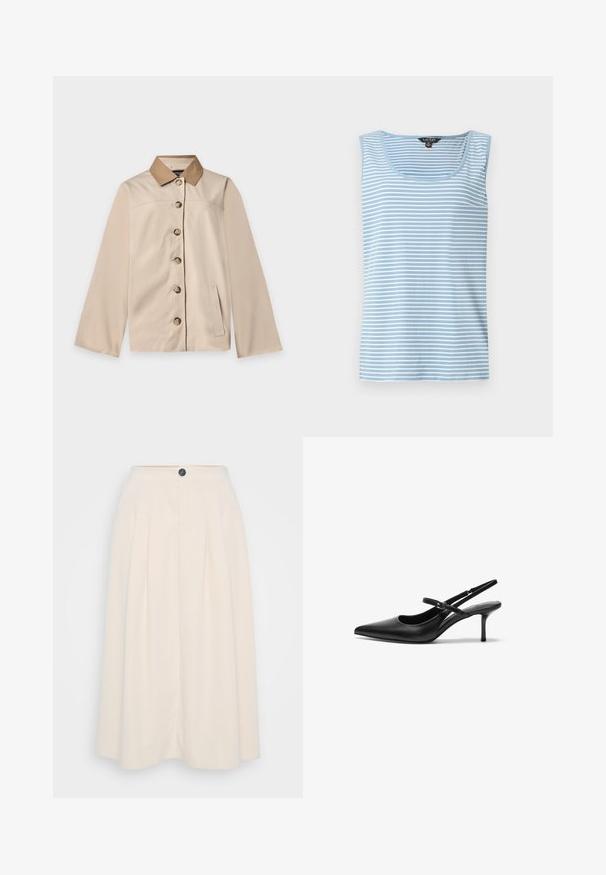 Beige jas met bruine kraag, zes knopen aan de voorkant, lange mouwen en één verticale zijzak op een effen lichte achtergrond.; Lichtblauw-wit gestreepte mouwloze tanktop met ronde halsuitsnijding, geribde stof en Lauren-label aan de achterkraag.; Een crèmekleurige midi-jurk met plooien, een knoopsluiting aan de voorkant en een zachte textuur, ontworpen voor een ontspannen pasvorm.; Zwarte leren slingback hakken met een puntige neus, slanke verstelbare band en een ongeveer 5 cm hoge stiletto hak, met een gladde textuur.