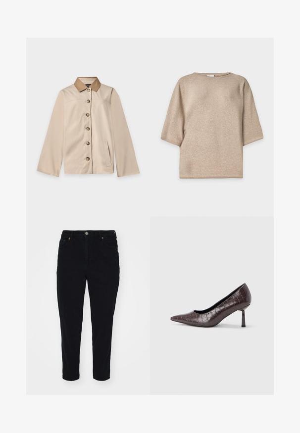 Beige jakke med brun krave, seks knapper foran, lange ærmer og en lodret sidelomme på en ensfarvet lys baggrund.; Beige strikket trøje med korte ærmer, rund hals og afslappet pasform, vist på en ensfarvet hvid baggrund.; Sorte denimjeans med lige snit, frontlommer og metalknaplukning. Har en ren finish og subtile syningsdetaljer.; Brune kunstlæder stiletter med spidse tæer og krokodilletekstur, der har en slank, vinklet hæl og en glat inderside.