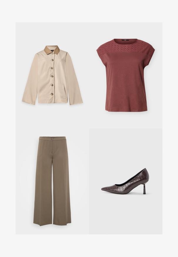 Beige jakke med brun krave, seks knapper foran, lange ærmer og en lodret sidelomme på en ensfarvet lys baggrund.; Kortærmet mauve top med broderet blomsterblonde på tværs af øverste del af brystet og skuldrene, rund halsudskæring, løs pasform.; Breddebenede bukser i en ensfarvet brun stof, med knaplukning, glat for og blød tekstur, designet til en afslappet pasform.; Brune kunstlæder stiletter med spidse tæer og krokodilletekstur, der har en slank, vinklet hæl og en glat inderside.
