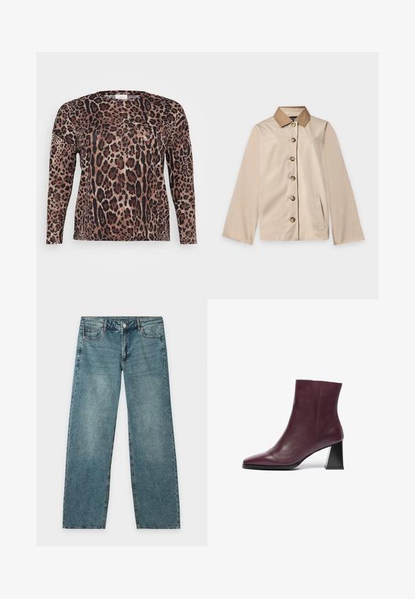 Beige jakke med brun krave, seks knapper foran, lange ærmer og en lodret sidelomme på en ensfarvet lys baggrund.; Langærmet skjorte med leopardprint i nuancer af brun, sort og beige. Blød tekstur med en afslappet pasform.; Blå denim jeans med straight ben, knaplukning foran og fem-lomme design på en ensfarvet hvid baggrund.; Bordeaux læder ankelstøvle med spids tå og en chunky, sort geometrisk hæl; glat tekstur med minimale syninger.