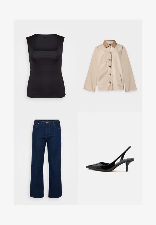 Veste beige avec col marron, six boutons sur le devant, manches longues et une poche latérale verticale sur un fond clair uni.; Haut sans manches noir en tissu lisse, avec un col carré et une coupe ajustée, aux bords nets et sans motifs ni accents visibles.; Jean en denim bleu foncé avec une coupe droite, dotés d'une fermeture éclair, de cinq poches et de coutures visibles.; Chaussure slingback en cuir verni noir avec talon kitten, bout pointu et talon bas et fin sur fond blanc.
