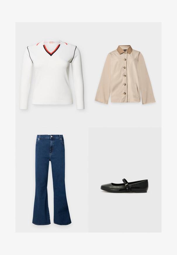 Veste beige avec col marron, six boutons sur le devant, manches longues et une poche latérale verticale sur un fond clair uni.; Pull blanc à manches longues avec col en V, orné de bordures noires et rouges sur le col, les épaules et les coutures des manches, présenté sur un fond uni.; Jean en denim bleu foncé taille haute avec jambes évasées larges, bouton devant et poches, présenté sur un fond clair.; Ballerines en cuir noir avec un bout arrondi, une semelle plate et une fine sangle ajustable sur le cou-de-pied avec une boucle en métal.