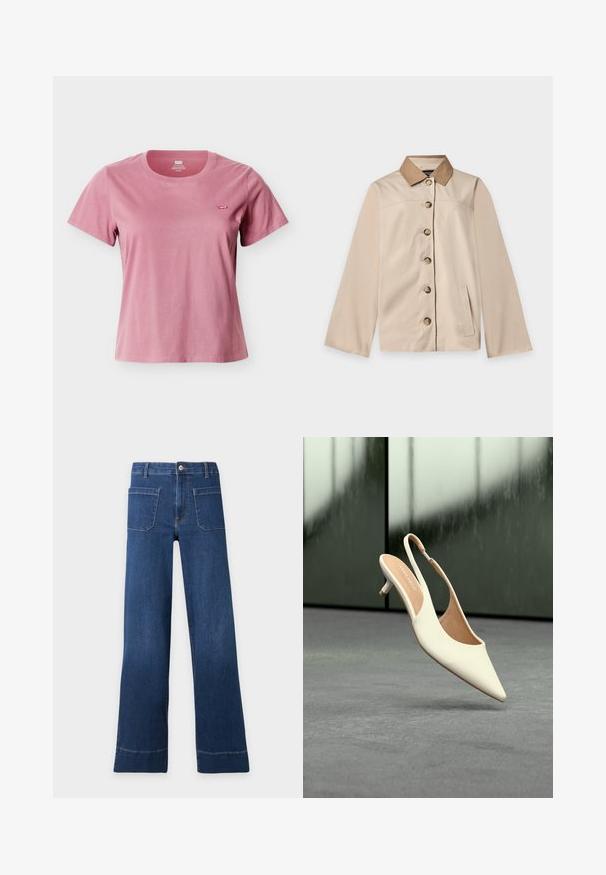 Veste beige avec col marron, six boutons sur le devant, manches longues et une poche latérale verticale sur un fond clair uni.; T-shirt pour femme à manches courtes, col rond, rose poussiéreux, avec petit logo rouge Levi's sur la poitrine gauche sur fond blanc.; Jean en denim bleu taille haute avec jambes larges, poches plaquées à l'avant, passants de ceinture et fermeture par bouton à la taille.; Chaussure femme beige à bout pointu avec bride arrière et petit talon kitten, flottant au-dessus d'un sol gris sur fond sombre flou.