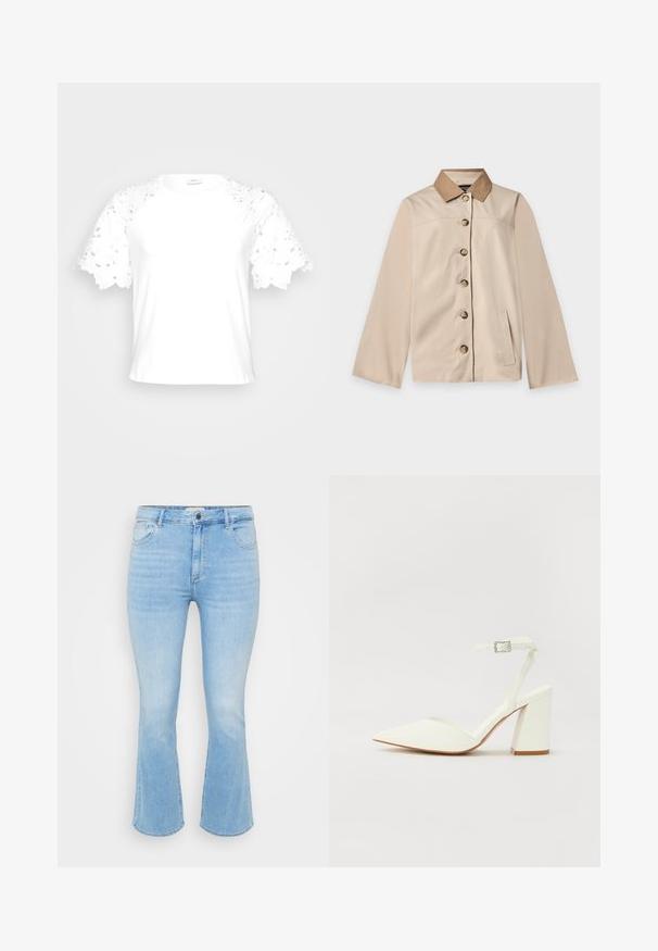 Beige Jacke mit braunem Kragen, sechs vorderen Knöpfen, langen Ärmeln und einer vertikalen Seitentasche auf einem einfarbigen hellen Hintergrund.; Weißes T-Shirt mit dekorativen Spitzenärmeln, das ein schlichtes, sauberes Design und einen runden Ausschnitt bietet.; Hellblaue Jeans aus Denim mit schmaler Taille, ausladendem Hosenbein, fünf Taschen Design und dezentem Verblassen in der Stoffstruktur.; Weißer sandal mit Absatz und spitzem Zehenbereich, verstellbarem Knöchelriemen und chunky quadratischem Absatz. Glatte Textur mit minimalen Nähdetails.