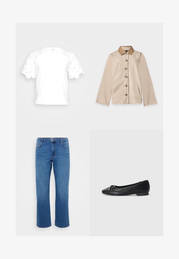 Beige jakke med brun krave, seks knapper foran, lange ærmer og en lodret sidelomme på en ensfarvet lys baggrund.; Hvid t-shirt med dekorative blonderærmer, der har et enkelt, rent design og rund hals.; Blå denimjeans med lige ben, der har en knaplukning, klassisk fem-lomme design og en subtil falmet tekstur på lårene.; Sort læder balletflade med spids tå, med en lille sløjfedetail og gyldne accenter, samt en lav, rund hæl.