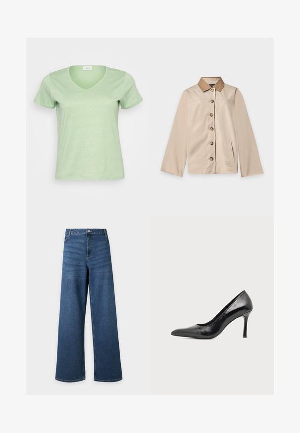 Beige jakke med brun krave, seks knapper foran, lange ærmer og en lodret sidelomme på en ensfarvet lys baggrund.; Lys grøn, kortærmet V-hals T-shirt lavet af et blødt, let skinnende stof med et enkelt og rent design.; Blå vidde-benet denim jeans med frontknap og lynlås, forlommer og bæltestropper, vist fladt mod en lys baggrund.; Sort laklæder damestilet med spids tå og slank hæl på en ensartet lys baggrund.