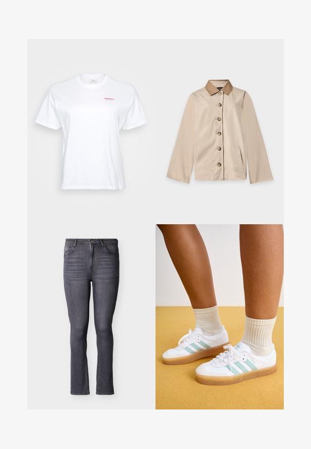 Chaqueta beige con cuello marrón, seis botones delanteros, mangas largas y un bolsillo vertical lateral sobre un fondo claro y liso.; Camiseta blanca con un pequeño logo "CRUSH it." en rojo y turquesa en la parte izquierda del pecho, presentada sobre un fondo neutro.; Vaqueros gris de denim ajustados, con cinco bolsillos, cierre frontal con botón y cremallera, que presentan detalles sutiles de desteñido y costuras.; Zapatillas blancas con rayas verde menta, suela de goma y cordones, combinadas con calcetines de color crema con canalé. Colocadas sobre un fondo amarillo.