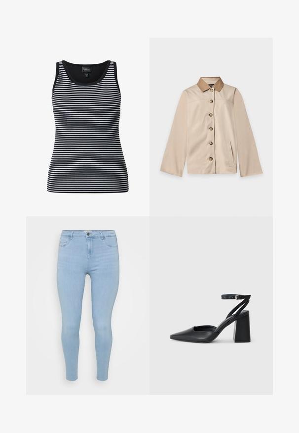 Beige jakke med brun krave, seks knapper foran, lange ærmer og en lodret sidelomme på en ensfarvet lys baggrund.; Stribet tanktop i sort og hvid med brede stropper, ribbet tekstur og rund halsudskæring. Mønsteret har vekslende tynde og tykke striber.; Lysblå skinny jeans lavet af denim, med knaplukning, fem lommer og en glat, let falmet tekstur.; Sort læder spidse pumps med ankelrem og en chunky hæl. Flad tekstur, slankt design og minimalistisk æstetik.