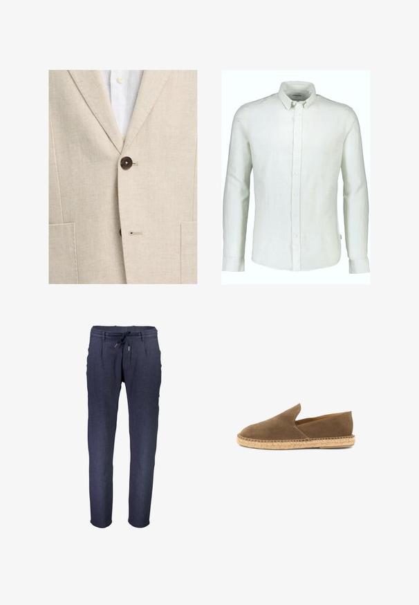 Blazer beige de espiga abotonado sobre camisa blanca con botones crema visibles y cuello con solapa entallada.; Camisa de lino verde claro de manga larga con cuello abotonado, cierre frontal con botones y dobladillo recto. Textura suave con mínimas arrugas.; Pantalones tapered de color azul marino, hechos de una tela texturizada, con una cinturilla elástica y cordón ajustable, además de bolsillos laterales.; Alpargata marrón de ante con suela de yute trenzado y lados bajos, diseñada para uso informal.