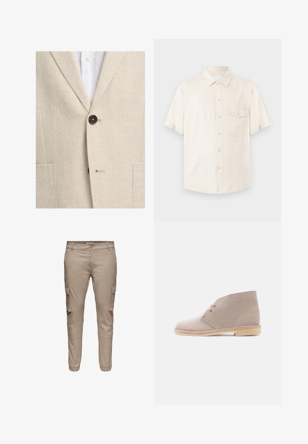 Blazer beige en chevrons boutonné sur une chemise blanche avec des boutons crème visibles et un col à revers cranté.; Chemise beige à manches courtes avec boutons, col pointu et une poche poitrine boutonnée, présentée à plat sur un fond clair.; Pantalon cargo beige à coupe slim avec poches à rabat latérales, fermeture par boutons, passants pour ceinture et poignets élastiques aux chevilles.; Bottine en cuir suédé beige à deux œillets avec lacets, semelle en crêpe et petit talon empilé, vue de profil sur un fond uni.