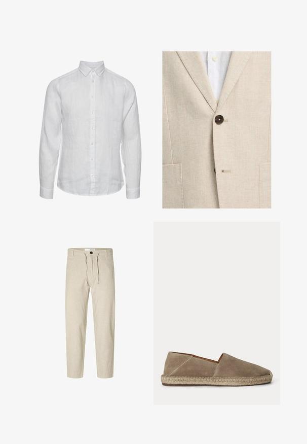 Beige fiskben blazer knappet over hvid skjorte med synlige cremeknapper og hakket revers.; Hvid linned skjorte med lange ærmer og knap-ned krave, frontknaplukning og en subtil tekstureret finish. Ingen synlige mønstre eller accenter.; Selected Slim Tapered Linen Blend - Bukser - vetiver; Beige ruskind espadrille sko med flettet juttesål og lukket rundet tå, vist fra siden på en ensfarvet baggrund.