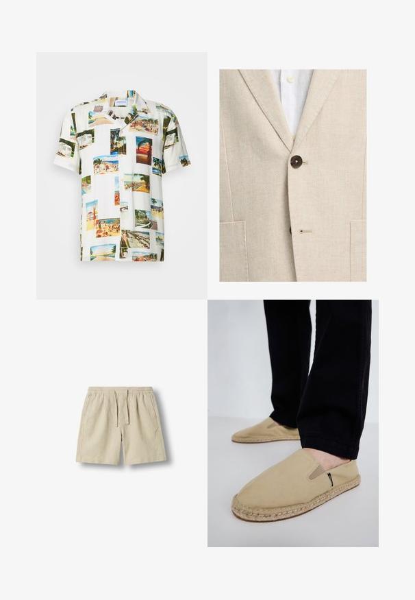 Blazer beige de espiga abotonado sobre camisa blanca con botones crema visibles y cuello con solapa entallada.; Camisa blanca de manga corta que presenta un collage de fotografías de paisajes tropicales en varios colores. Tejido ligero, cierre frontal de botones y ajuste relajado.; Pantalones cortos beige casual con cintura elástica y cordón, bolsillos laterales y dobladillo recto, exhibidos sobre un fondo liso.; Zapatos de lona color beige tipo slip-on con gomas elásticas, suela de cuerda de yute y costuras en contraste. Llevados con pantalones negros ajustados.