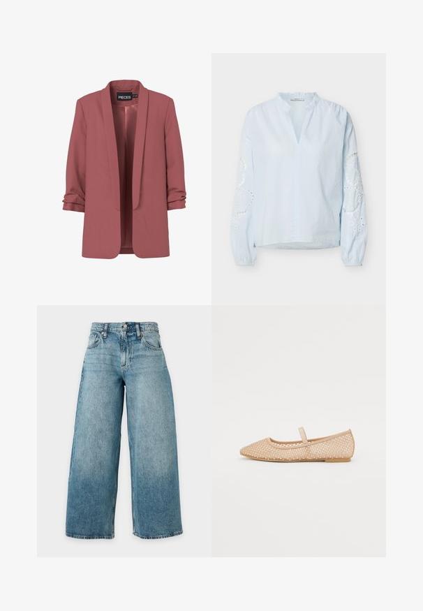 Støvet lyserød kvindeblazer med sjalskrave, rynkede trekvartærmer og åbent frontdesign, mærket "PIECES" inde i halsudskæringen.; Lyseblå bluse med lange ærmer, flæsekant, V-halsåbning, elastiske manchetter og hvide broderede blomster på ærmerne.; Lyseblå denimjeans med høj talje, bred benudskæring, fem lommer, bæltestropper og knaplukning, vist mod en ensfarvet baggrund.; Nude mesh ballet flats med spids toe, dekorative rhinestones og en flad sål. Har en lille rem over vristen.