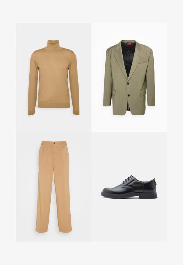 HUGO ULAN - Chaqueta de traje - open green; Suéter de cuello alto de color marrón, hecho de una suave tela de punto, con mangas largas, un diseño ajustado y puños acanalados para mayor detalle.; Pantalones de pierna ancha en beige, fabricados con tejido suave, que cuentan con dos bolsillos frontales, un cierre de botón y detalles de pliegues a lo largo de las piernas.; Zapatos de piel negra con cordones, textura lisa, puntera redondeada y detalles sutiles de costura. Cuentan con una lengüeta roja en el talón.