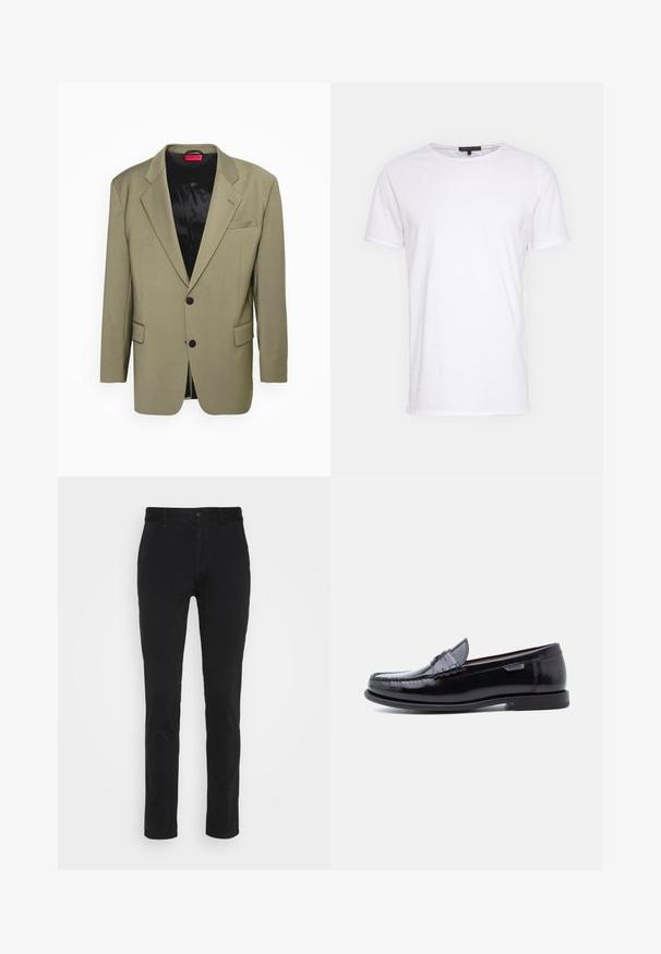 HUGO ULAN - Colbert - open green; Witte katoenen t-shirt met een ronde halslijn, korte mouwen en een rechte snit. Heeft een eenvoudige, gladde textuur zonder aanvullende patronen.; Zwarte katoenen chinos met een slim fit, voorzien van een standaard tailleband, voorzakken en een enkele achterzak. Glad oppervlak en minimale details.; Zwarte leren loafers met een glanzende afwerking, voorzien van een gestikt ontwerp op de neus en een lage, zwarte rubberen zool met structuur.