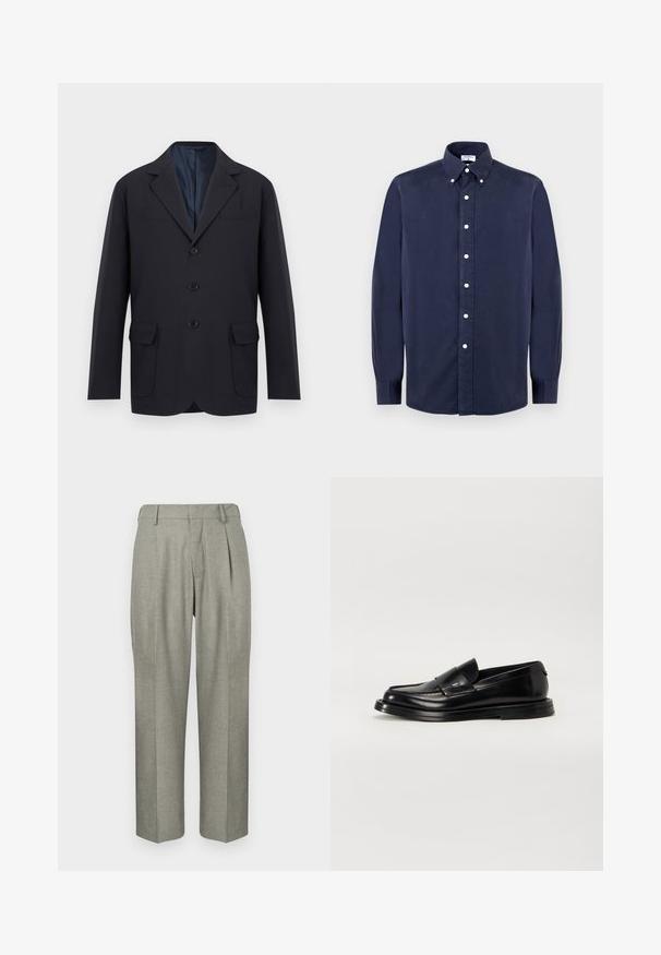 Blazer pour homme noir à simple boutonnage avec revers crantés, trois boutons sur le devant, deux poches à rabat en bas et une poche poitrine passepoilée, sur fond blanc.; Chemise à manches longues bleu marine, boutonnée, en coton, avec un col classique, des boutons blancs et une texture lisse.; Pantalons gris clair en tissu texturé. Ils présentent une coupe droite, des plis à l'avant et une taille plate.; The Antipode COLLEGE - Mocassins - black