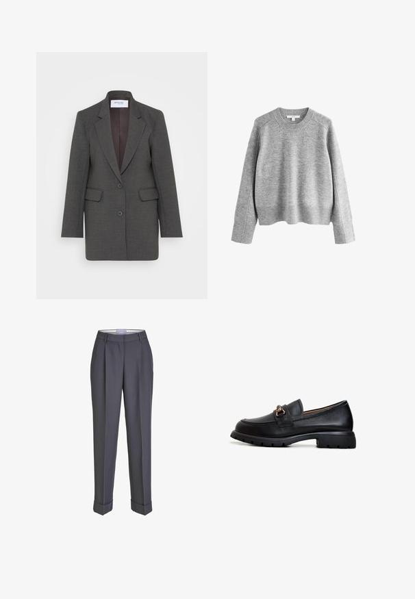 Grå blazer med en skræddersyet pasform, der har nøddeklapper, to forlommer og to knapper foran. Foret inderside i en mørkere nuance.; Grå striktrøje med ribbet halsudskæring og kant, der har dropped shoulders og lange ærmer i et blødt, tekstureret materiale.; Mørkegrå skræddersyede bukser med lige ben, plisseret for og opsmøgte manchetter. Lavet af glat stof med en klassisk talje.; Sort læder loafersko med rund tå, dekorativt guldsmykke og en robust gummisål med et struktureret grebmønster.