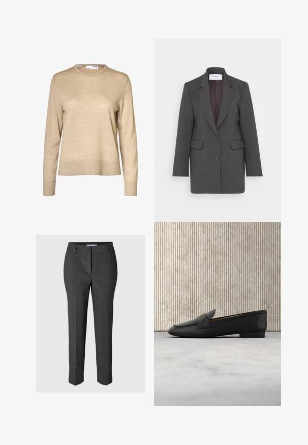 Grå blazer med en skræddersyet pasform, der har nøddeklapper, to forlommer og to knapper foran. Foret inderside i en mørkere nuance.; Beige langærmet uldsweater med rund hals og ribstrikkede manchetter og kant, vist mod en hvid baggrund.; Grå, skræddersyede bukser med en glat tekstur, lige ben-design, forlommer og en skjult lukning. Ideelle til formelle anledninger.; Sorte læder loafers med et guld accent, afrundet tå og en glat overflade, hængende over en reflekterende overflade med metalliske hylder.