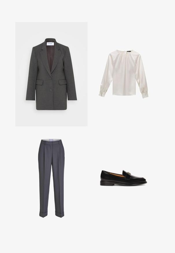 Grijze blazer met een getailleerde pasvorm, voorzien van gezakte revers, twee voorkruiszakken en twee knopen aan de voorkant. Gevoerde binnenkant in een donkere tint.; Witte satijnen bloes met lange mouwen, ronde halslijn en geplooide details. Heeft iets gepofte mouwen en een gladde textuur.; Donkergrijze op maat gemaakte broek met een recht gesneden ontwerp, geplooid voorpand en omslagmanchetten. Gemaakt van soepel materiaal, met een klassieke tailleband.; Zwarte leren instapper met een ronde neus, slanke silhouet en een decoratieve band met metalen accent op de wreef. Platte rubberen zool.